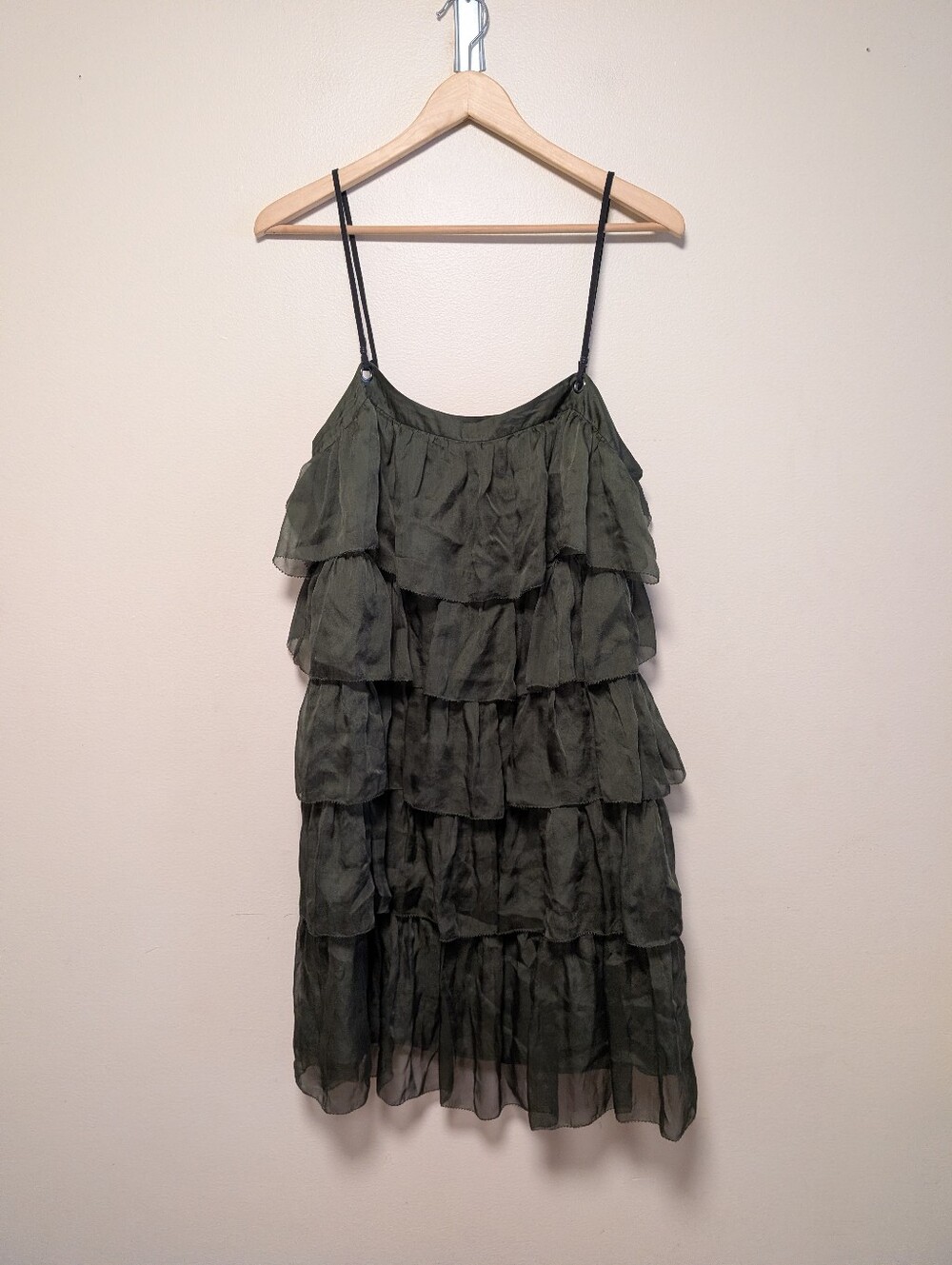 Catherine Malandrino Tiered Ruffle Silk Dress Olive Green Size 14